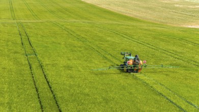 Farmer with tractor working in the field. In early summer, he fertilises the grain for an optimum