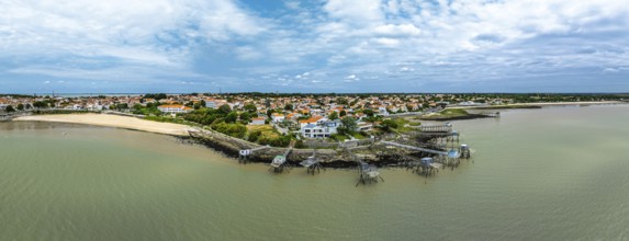 Panorama of Fishing huts over Randonnee entre Histoire et Nature from a drone, Fouras,