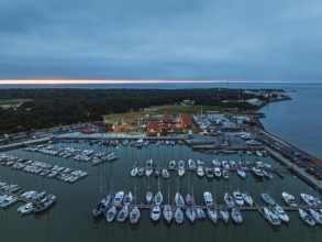Sunset over Marina in Le Verdon-sur-Mer from a drone, Nouvelle-Aquitaine, Gironde, France, EuropeLe