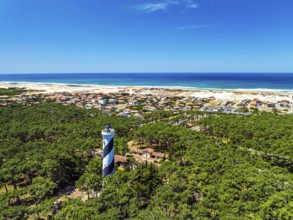 Phare de Contis Lighthouse from a drone, Saint Julien en Born, Saint-Julien-en-Born, Landes, France