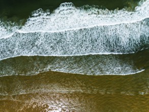 Top Down view over Waves and Contis beach from a drone, Saint Julien en Born, Saint-Julien-en-Born,
