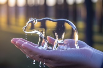 Melting ice cube polar bear held in human hand symbolizes climate change and global warming impact