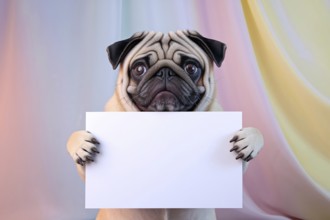 Cute pug dog holding blank white sign against soft pastel studio background. Generative ai, AI