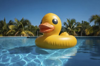 Inflatable yellow duck floating in turquoise pool. Playful symbol of carefree summer leisure and
