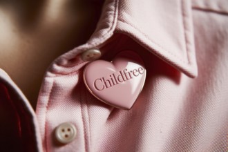 Close up of pink childfree brooch on cotton shirt symbolizes women's freedom and the choice to live