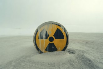 Round radiation warning sign in scorched earth. Symbol for danger of nuclear war and environmental