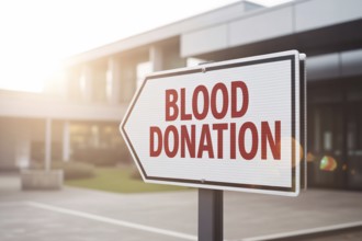 White arrow sign with red Blood Donation text. Directional signage in front of sunny, blurred