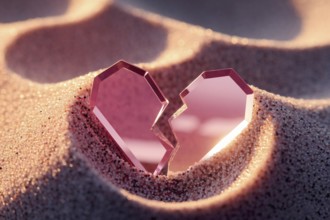 Delicate pink glass shard in golden sand. A serene symbol of a broken heart. Generative Ai, AI