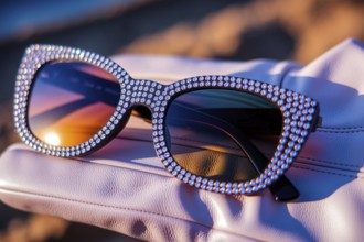 Rhinestone sunglasses resting on leather glove. Symbol of luxury, glamour, and timeless elegance.