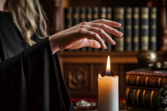 Woman's hand above flickering candle flame. A moment of witchcraft, mystery, and feminine power.