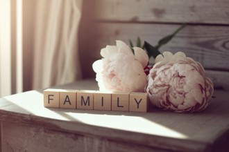 Wooden blocks spelling family beside peony flowers. Generative ai, AI generated