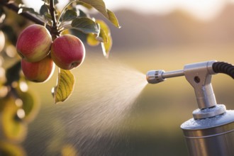Close-up of pesticide sprayer aimed at ripe apples on tree. Concept of agriculture, crop