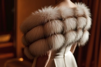 Luxurious real fur stola over woman's shoulder. A controversial symbol of elegance and animal