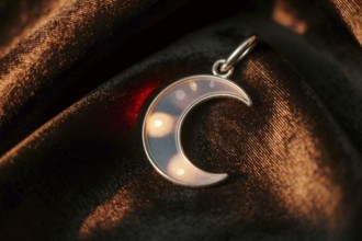Silver crescent moon pendant on velvet, symbol of witchcraft and lunar magic. Generative ai, AI