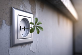 Power outlet with green leaf sprout. A visual metaphor for sustainable electricity and green energy