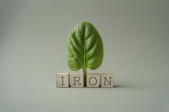Single vibrant spinach leaf with wooden blocks spelling IRON. Minimalist studio image emphasizing