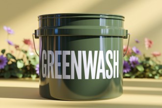 A green paint bucket labeled Greenwash shines under sunlight against a vibrant floral background to