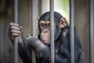 Sad chimpanzee sits behind bars in a zoo enclosure reflecting captivity and animal welfare concer.