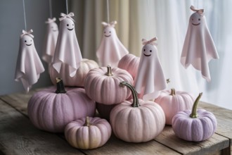 Pastel pink Halloween scene with hanging cute ghosts and decorative pumpkins. Whimsical and modern