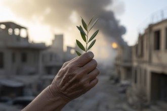 Hand holding olive branch against backdrop of war-torn city. Symbol of peace amid destruction.