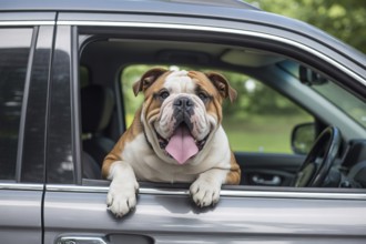 English bulldog panting and looking out of an open car window on a hot summer day. Concept of