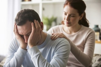 Man burying head in hands while woman comforts him. Concept of mankeeping and women's invisible