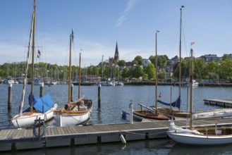Town view, church St. Jürgen, sailing boats, harbour, Jürgensby, Flensburg, Flensburg Fjord, Baltic