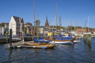 City view, sailing boats, harbour, Flensburg, Flensburg Fjord, Baltic Sea, Schleswig-Holstein,