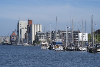 Shipyard office and commercial harbour, Flensburg, Flensburg Fjord, Baltic Sea, Schleswig-Holstein,