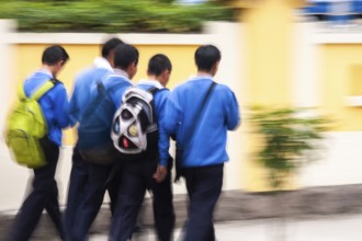 Students going to school, Photo with motion blur, City of Quito, Pichincha province, Ecuador, South