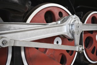Driving wheels of the express train, steam locomotive P36 123 in the Prora Museum,