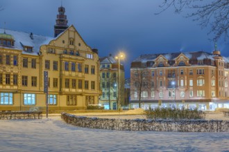 Art Nouveau houses winter illuminated Minden Germany