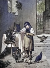 Breakfast together, children's breakfast with dog, chickens and pigeons, after a painting by Fr.