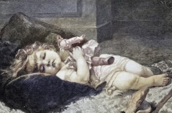 Surprised by the slumber, little girl sleeping with the doll in her arms, illustration, published