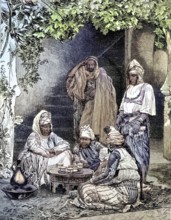 An Arab family in Algeria, sitting together and havin teatime, Illustration from 1894,