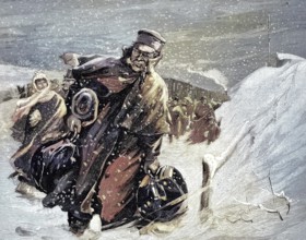 Man comes home for Christmas with lots of luggage and presents in the winter snow, Illustration