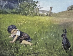 Hasenfuss, Hasenfüße, little girl lying in the meadow and watching a hare, for a painting by F.