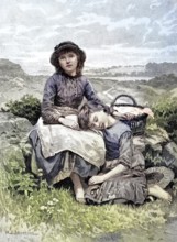 Rest on the mountain, two girls are resting, tired from running, Germany, illustration, published