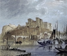View of the city of Avignon on the Rhone in Provence in southern France, illustration, published
