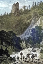 Farmers with goats, sheep and cows under the castle of Nideck in Alsace, France, Illustration,