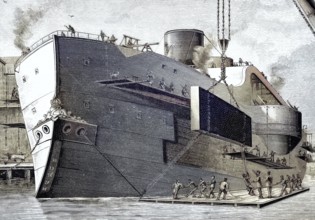 Attaching tanks to a ship's hull, Germany, illustration, published 1890, reproduction, digitally