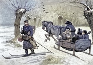 Postman in the countryside with snowshoes in East Prussia and a horse-drawn carriage, illustration,