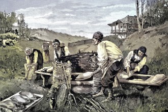Kakheti, a region in Georgia, people baking bread with a simple oven, a tornia, illustration from