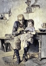 Grandfather reading a book together with his granddaughter, at home on a farm in Austria,