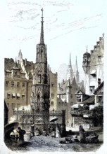 The Beautiful Fountain, fountain, on the market square, Nuremberg, Bavaria, Germany, illustration