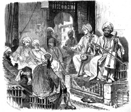 A coffee house or tea house in Cairo, Egypt, with musicians, illustration from 1894, reproduction,