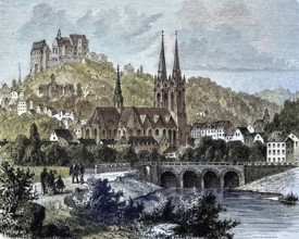 Marburg, a city in the German state of Hesse, Germany, with St Elisabeth's Church, illustration