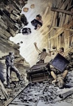 A pit, miners are seriously injured or killed by falling rocks, Germany, illustration, published