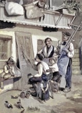 Peasant painting, a man paints a decoration on a door in a farmhouse, Tyrol, Austria, traditional