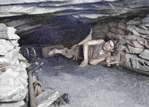 Mine, mining of slate, copper slate, transport with a lorry or mine cart, mine in Mansfeld, near